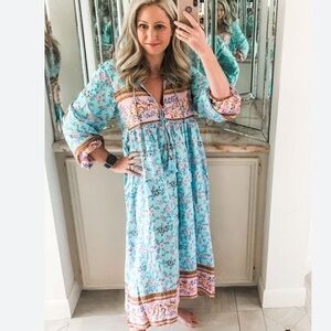 Boho Floral Turquoise & Pink Long Sleeve Spell Maxi Dress
